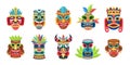 Ethnic masks. Ritual, ceremonial tribal mexican indian or african colorful masks, aboriginal zulu or aztec idols with