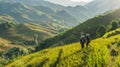 Ethnic minority women walking on rice terraces in mu cang chai yen bai vietnam