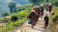 Ethnic minority women walking through stunning rice terraces in mu cang chai, yen bai, vietnam