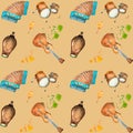 Ethnic musical instruments of latin america watercolor seamless pattern on beige.