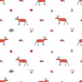 Ethnic nordic christmas seamless pattern background with deer. Vector illustration in red and white colors. Royalty Free Stock Photo