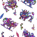 Ethnic ornament mythical monsters couple inspired by fusion of Ukrainian, Indian and Mexican traditional motifs