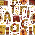 Ethnic ornament. Seamless pattern with african motifs. Illustration drawn in gouache on paper. For printing on packaging, digital