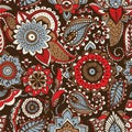 Ethnic paisley pattern with buta motifs and traditional Arabic floral mehndi elements on dark background. Motley