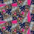 Ethnic patchwork blanket. Different patches with flowers, birds, polka dot pattern and autumn leaves.