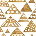 Ethnic pattern. Gold geometric hand drawn background. Seamless tribal white texture.