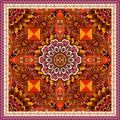 Ethnic pattern with red flower and ornamental frame. Chinese, mexican, aztec motives. Vector illustration. Carpet, bandana print