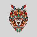 Ethnic patterned head of Wolf Front view Brown Line Colour Royalty Free Stock Photo