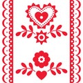 Ethnic Polish vector long seamless vector pattern, floral ornament with hearts inspired by traditional highlanders embroidery Lach