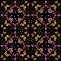 Ethnic seamless pattern with colorful flowers, butterflies and paisley on black background. Beautiful ornament for fabric Royalty Free Stock Photo