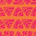 Ethnic seamless pattern of doodle pink triangles on orange background.