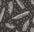 Ethnic seamless pattern with Feathers and chaotic dots and triangles. Royalty Free Stock Photo