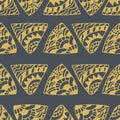 Ethnic seamless pattern of gold doodle triangles on gray background.