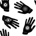 Ethnic seamless pattern with hands. Boho tribal elements. Mystic black witch hands. Ornaments on palms