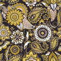 Ethnic seamless pattern with yellow buta motifs and Persian floral mehndi elements on black background. Colored