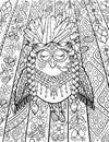 Ethnic shamanic owl bird adult coloring book page. Trippy animals coloring page.