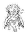 Ethnic shamanic owl bird adult coloring book page. Trippy animals coloring page. Owl stamp isolated on white background.