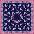 Ethnic shawl with paisley ornament and fantasy pink flowers on dark blue background. Indian, thai motives