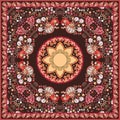 Ethnic shawl in russian style with magic birds, flowers, paisley frame and sun mandala. Beautiful vector illustration