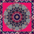 Ethnic square carpet. Lovely tablecloth with tulips. Flower mandala and decorative frame from triangles Royalty Free Stock Photo