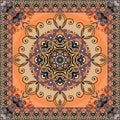 Ethnic square rug with flower mandala and zigzag ornamental frame. Shawl, lovely tablecloth, pillowcase. Royalty Free Stock Photo