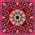 Ethnic square rug with ornamental paisley border, stylized mandala and beautiful flowers. Royalty Free Stock Photo