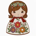 Ethnic style doll. Cartoon smiling little girl. Folkloric floral dress. Textured tapestry vector background illustration.