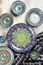 Ethnic Uzbek ceramic tableware.