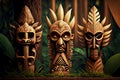 ethnic wooden idols totems of indians tiki mask in forest