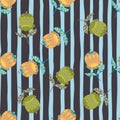 Ethno botanic seamless pattern with orange and green colored flower bud shapes. Striped background Royalty Free Stock Photo