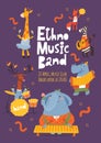 Ethno music band poster design with cartoon animals playing music instruments