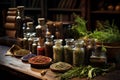 Ethnoscience. Table with different herbs and spices in an old pharmacy. Herbal medicine. generative AI Royalty Free Stock Photo