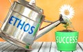 Ethos helps achieving success - pictured as word Ethos on a watering can to symbolize that Ethos makes success grow and it is