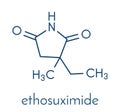 Ethosuximide anticonvulsant drug molecule. Used in treatment of absence seizures. Skeletal formula.