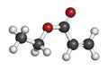 Ethyl acrylate molecule. 3D rendering. Atoms are represented as spheres with conventional color coding: hydrogen (white), carbon (