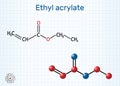 Ethyl acrylate molecule. Structural chemical formula and molecule model. Sheet of paper in a cage