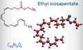 Ethyl eicosapentaenoic acid icosapent ethyl molecule. Structural chemical formula and molecule model