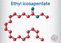 Ethyl eicosapentaenoic acid icosapent ethyl molecule. Structural chemical formula and molecule model