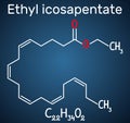 Ethyl eicosapentaenoic acid icosapent ethyl molecule. Structural chemical formula and molecule model on the dark blue background