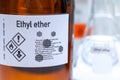 Ethyl ether in glass, chemical in the laboratory and industry