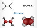 Ethylene, ethane, C2H4 molecule. IStructural chemical formula and molecule model. Royalty Free Stock Photo