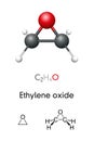 Ethylene oxide, C2H4O, oxirane, molecule model and chemical formula