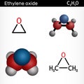 Ethylene oxide, oxirane C2H4O molecule. Structural chemical formula and molecule model.