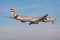 Etihad Airways Airbus A340-600 A6-EHL passenger plane landing at Frankfurt Airport Royalty Free Stock Photo