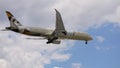 Etihad Airways Boeing 787 Dreamliner Prepares for Landing at Chicago O`Hare International Airport. Royalty Free Stock Photo