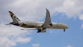 Etihad Airways Boeing 787 Dreamliner Prepares for Landing at Chicago O`Hare International Airport. Royalty Free Stock Photo