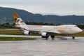 Etihad Cargo Boeing 747 cargo airplane on the apron