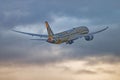 Etihad Dreamliner plane in the sky, leaving Melbourne (Tullamarine) Airport.