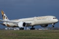 Etihad landing on airport in Europe, Dreamliner