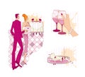 Etiquette in a restaurant. Set of illustrations on etiquette in a restaurant: a couple enters a restaurant, a glass of wine in her Royalty Free Stock Photo